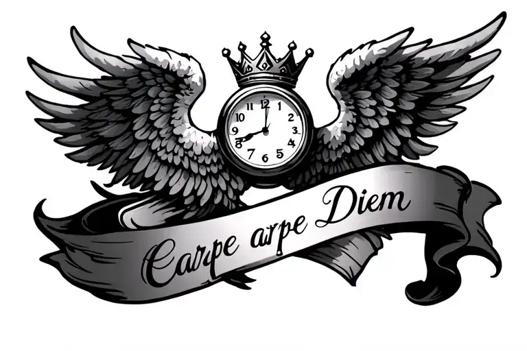 wings with clock, crown on top, carpe Diem in the botto, bru in japanese tattoo design idea
