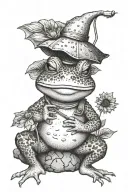 a toad sitting on a rock wearing a hat and overalls holding a sunflower by the stem like an umbrella tattoo design idea