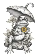 a toad sitting on a rock wearing a hat and overalls holding a sunflower by the stem like an umbrella tattoo design idea