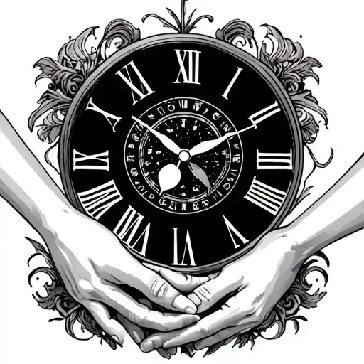 the hands of a father and daughter holding hands, a clock with the time 01.45, the name Navya, horoscope scorpio tattoo design idea
