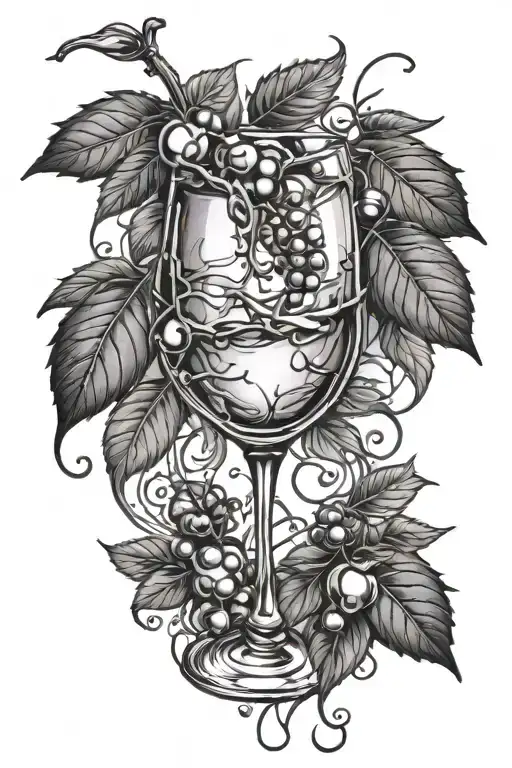broken wine glass with cherrys and thorn vine tattoo design idea