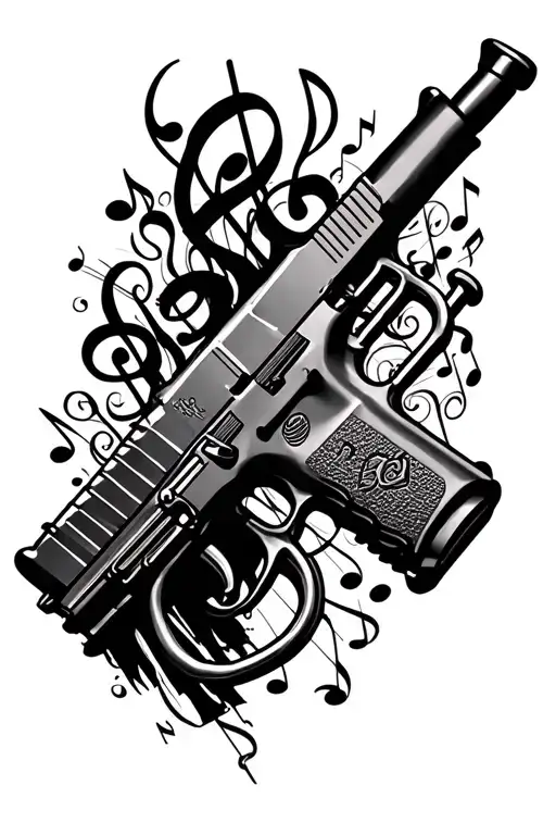 glock gun morphed with a trumpet. bulleys and musical notes coming out of horn tattoo design idea