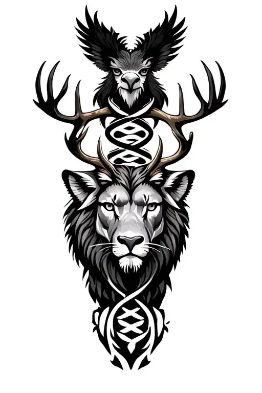 tribal design consisting of Sambar deer, eagle and lion with a dna helix tattoo design idea