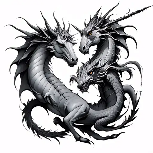 dragon and unicorn surrounded tattoo design idea