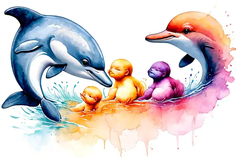 dolphin and 3 babys tattoo design idea