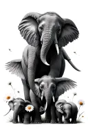 elephants daisy with 3 babies one with wings tattoo design idea