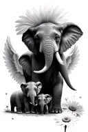 elephants daisy with 3 babies one with wings tattoo design idea