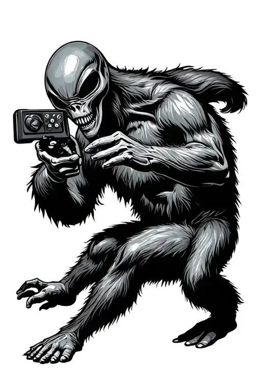 alien and bigfoot playing game tattoo design idea