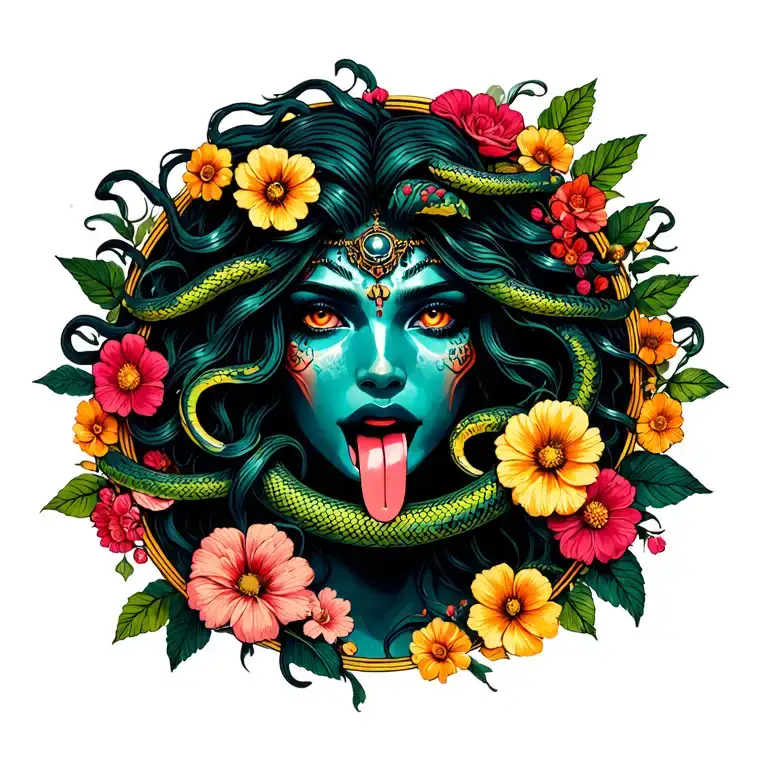 medusa and kali combined in round frame covered in flowers... focus on medusa eyes + snake hair... kalis tongue  tattoo design idea