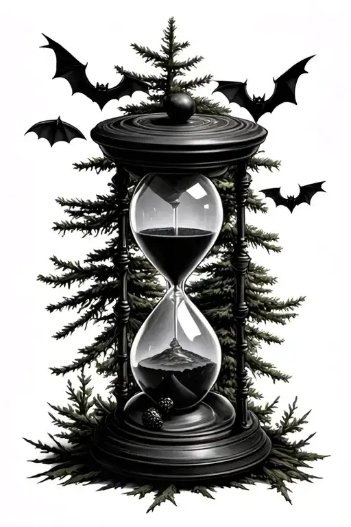 dark realistic hourglass with evergreen trees bats gloomy outdoors feminine classy scary tattoo design idea