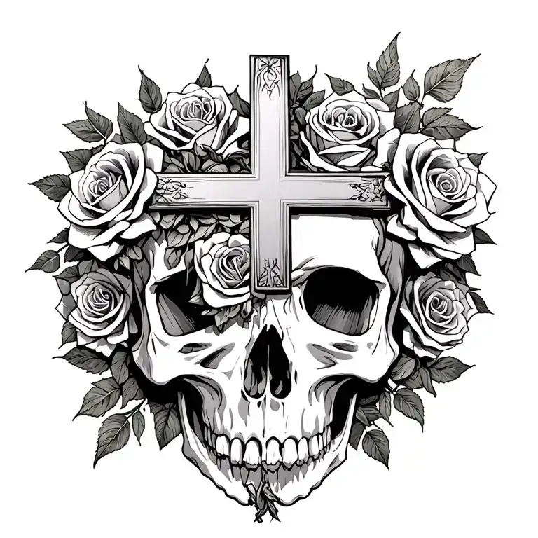 big cross and behind a skull and roses tattoo design idea