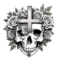 big cross and behind a skull and roses tattoo design idea