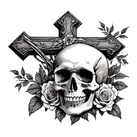 big cross and behind a skull and roses tattoo design idea