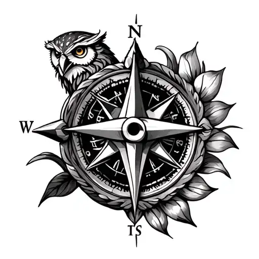 Compass with owl symbol in north, lion head in south, justice scale in west and lotus flower in east tattoo design idea
