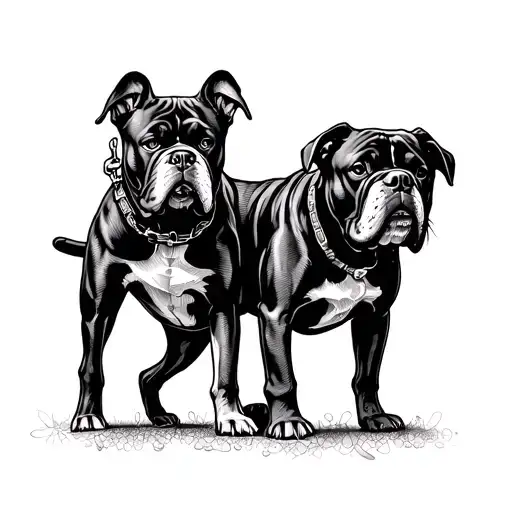 A dotwork tattoo of a spinal cord intertwined with a leash, leading to a bulldog and a service dog walking together, symbolizing strength and companionship tattoo design idea