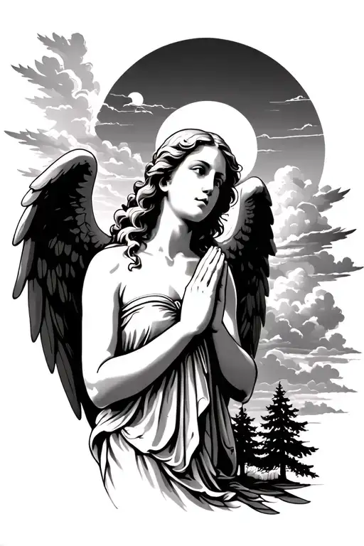 sexy angel tattoo with praying hands and background of the sky, sun, clouds and trees to suit arm chest and shoulder are tattoo design idea