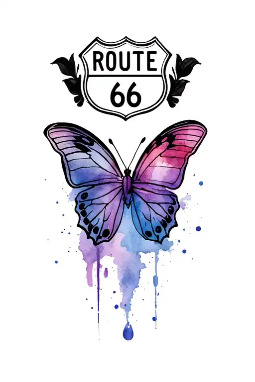 route 66 logo with black butterfly wings tattoo design idea