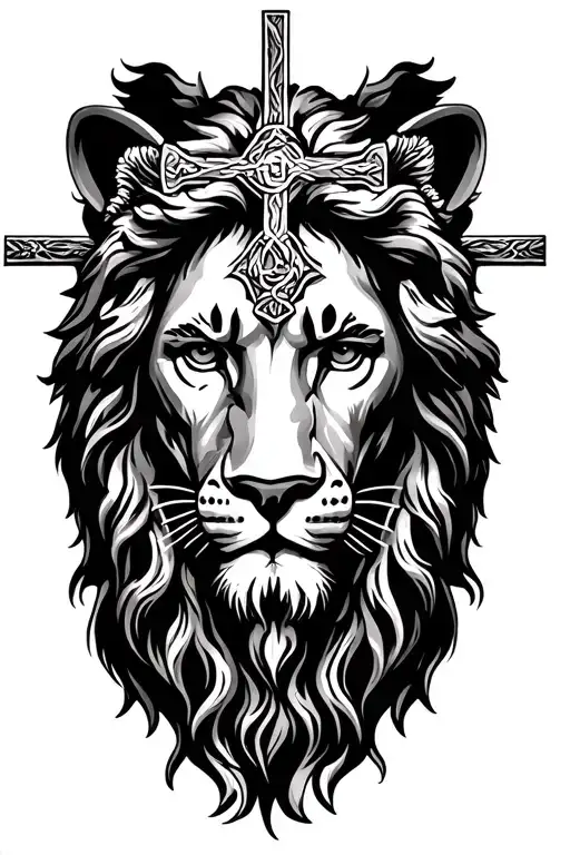 Jesus Christ face with lion and cross  tattoo design idea