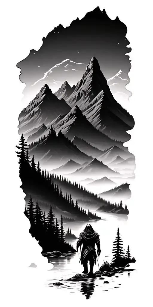 forest with river flowing and mountain range silhouette with a reaper walking through valley tattoo design idea