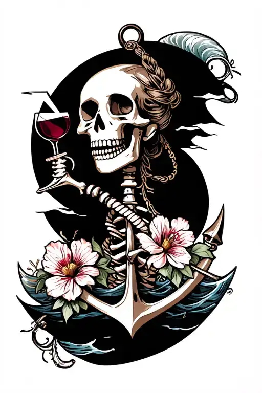 waves, ship, anchor, female skeleton, flowers, wine tattoo design idea