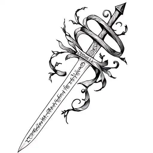 cross tattoo in shape of a sword, with ribbons or vines running around it and through it with Ephesians 6:10-17 on side tattoo design idea