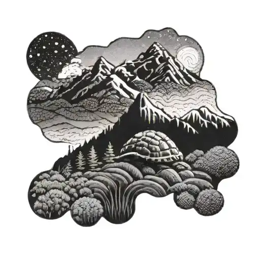 A dotwork tattoo of a mountain range silhouette with a small box turtle peeking out from behind the peaks, inspired by the beauty of the Sheltowee Trace trail tattoo design idea