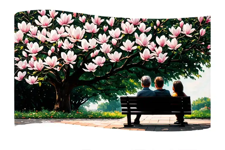 magnolia tree, semi bloom, 2 people on a park bench, view from behind, black frame around tattoo tattoo design idea