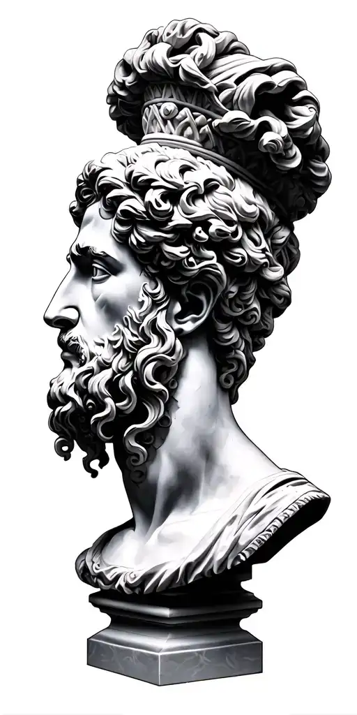 hyper realistic Roman busts, ancient architecture with small elements of color, outer space and cyber elements tattoo design idea