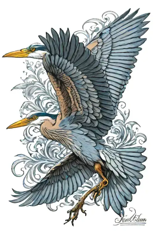 blue heron portrait with wing spread down in front of it tattoo design idea