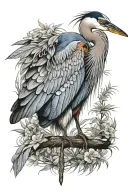 blue heron portrait with wing spread down in front of it tattoo design idea