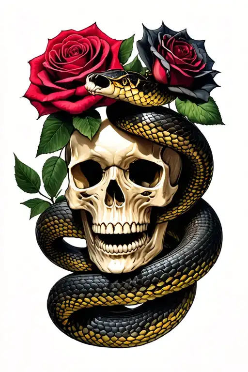 human skull, snake, rose intertwined tattoo design idea
