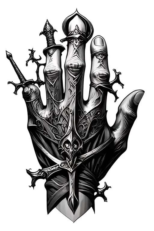 make a gothic hand tattoo that has that has elements of dark souls and knights and swords that go onto the fingers tattoo design idea