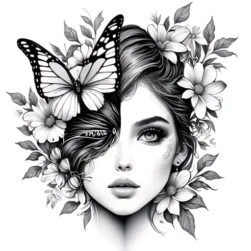 half butterfly half flowers with outline of women's face fine line tattoo design idea