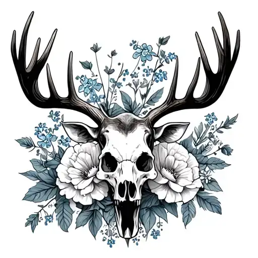 Moose antlers and skull surrounded by Carnations and Forget Me Nots tattoo design idea