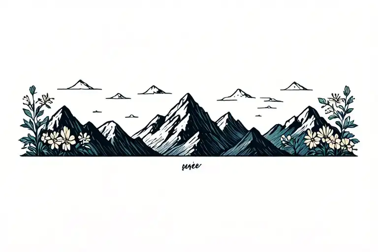 Mountain landscape 3 styles flowers surrounding them tattoo design idea