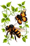 bee and a butterfly connected by  vines tattoo design idea