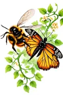 bee and a butterfly connected by  vines tattoo design idea