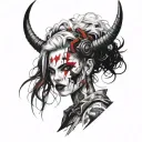 Sexy Pale Girl, petite, big boobs, wide hips, G-String. Messy hair, demonic horns, sexual. Seductive smile tattoo design idea