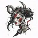 Sexy Pale Girl, petite, big boobs, wide hips, G-String. Messy hair, demonic horns, sexual. Seductive smile tattoo design idea