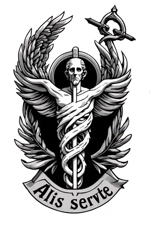 Staff of Aesculapius rod with the words Aliis servite tattoo design idea