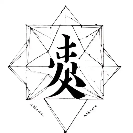 tattoo design, geometric minimalism, Japanese kanji 'Akira' combined with sharp polygon lines, black ink dotwork, dog pa tattoo design idea