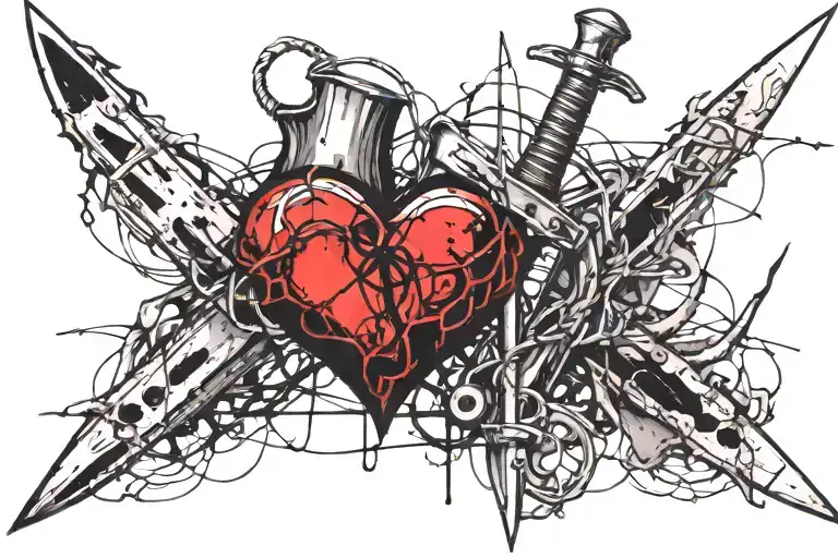 barbed wire wrapped Dagger in a heart tattoo design idea