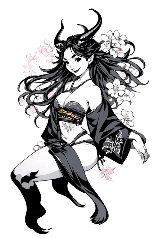 demon girl with long hair and a wicked smile in an erotic pose in a kimono, cherry blossom tattoo design idea