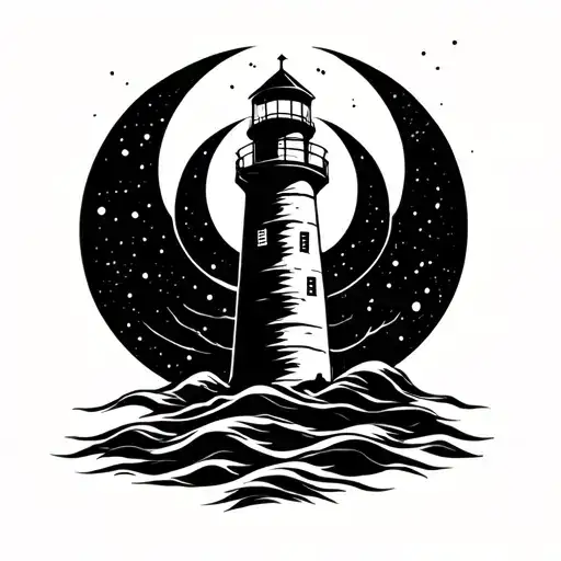 chaotic style lighthouse with crescent moon tattoo design idea