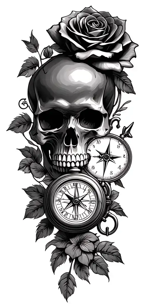 skull, roses, compass, pocket watch, 3 dates for children, feather tattoo design idea