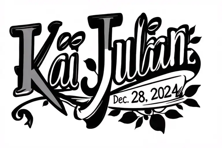 name tattoo Kai Julian in cursive with the date Dec 28. 2024 across in the middle of the name  tattoo design idea
