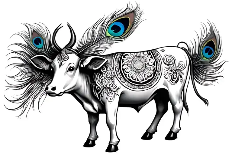 kamdhenu cow with peacock feather with krishna mantra tattoo design idea