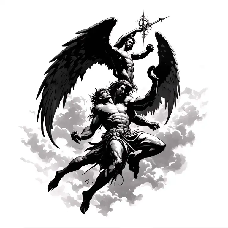 angel fighting demon. both in the sky. demon falling. angel in attack position above demon with spear.cloudy background. tattoo design idea