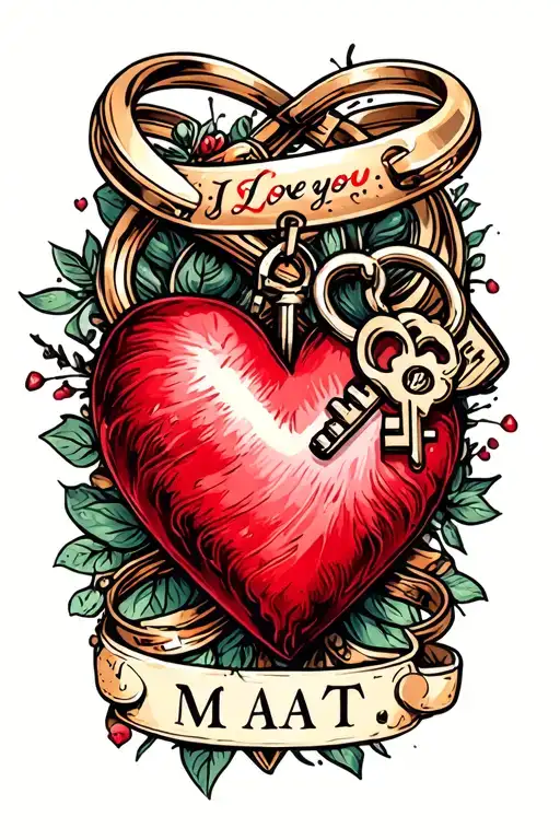 "I love you MAT" Locked heart with a key with wedding rings surrounded and text MAT tattoo design idea