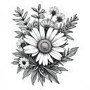 A filler tattoo for the inner bicep of heather flowers, chamomile flowers, rosemary flowers, iris in a masculine style  tattoo design idea